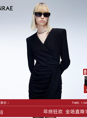 ERINRAE丨新款法式经典黑色时尚简约叠褶收腰连衣裙EF481176TA20