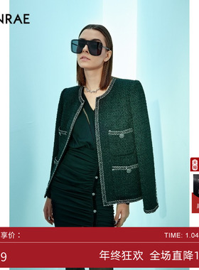 ERINRAE丨小香风圆领黑色外套粗花呢气质女短款上衣EF144020PL20