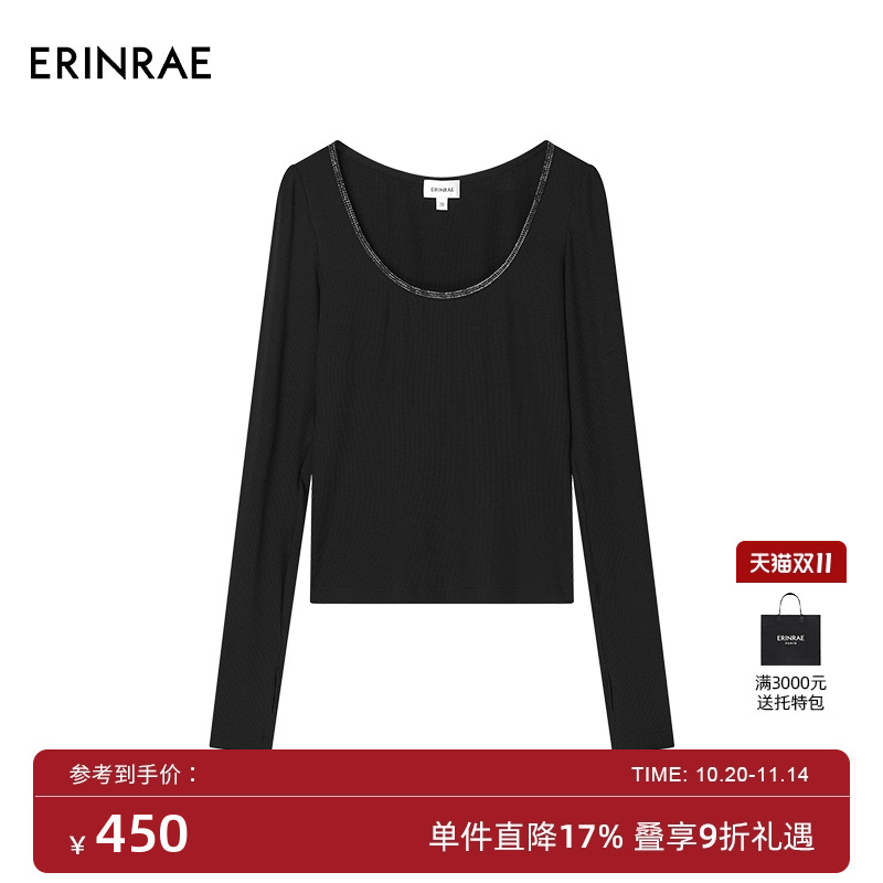 时尚黑色百搭圆领烫钻T恤