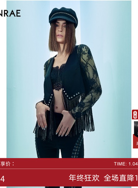 ERINRAE丨黑色流苏铆钉马甲性感蕾丝女镂空百搭上衣EF151013TA20