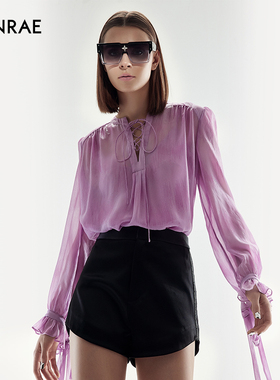 ERINRAE丨粉紫色100%桑蚕丝系带衬衫吊带提花衬衣EF216149SE40