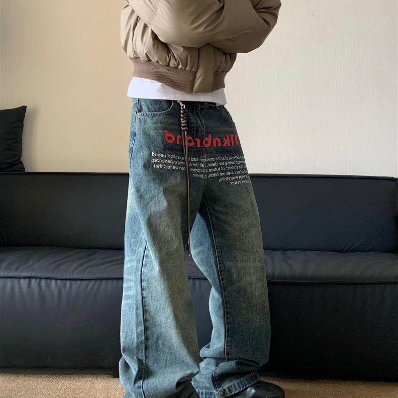 白菜coke美式覆古水洗做旧小众印花牛仔裤潮男宽松设计感直筒裤子