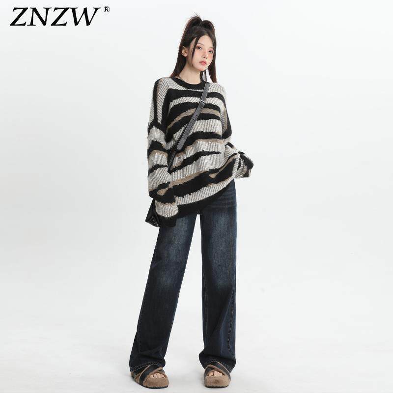 ZNZW美式阔腿牛仔裤女春秋款2024九分直筒加绒长裤小个子裤子女