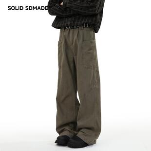 SOLIDSDMADE 秋季复古美拉德拼接工装裤子男女美式潮牌直筒牛仔裤