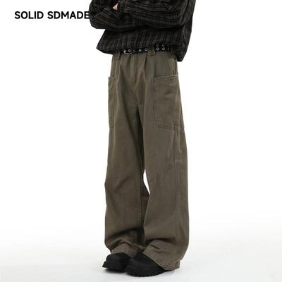 SOLIDSDMADE 秋季复古美拉德拼接工装裤子男女美式潮牌直筒牛仔裤