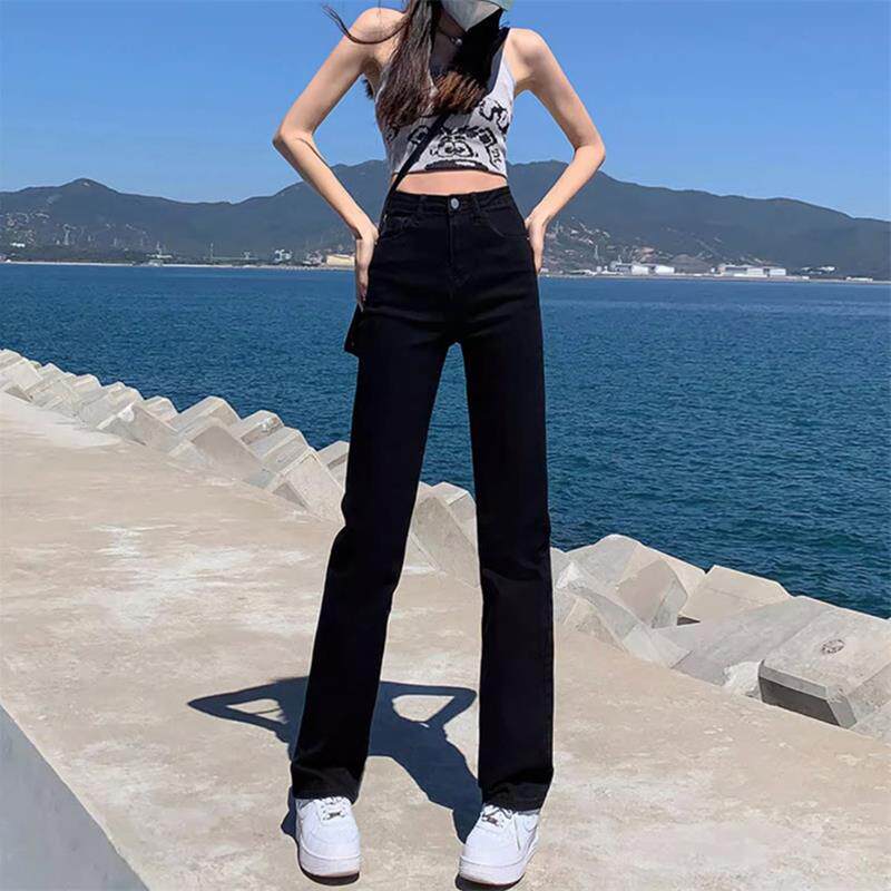黑色窄版直筒牛仔裤女2025春秋新款高腰显瘦直筒裤修身弹力烟管裤