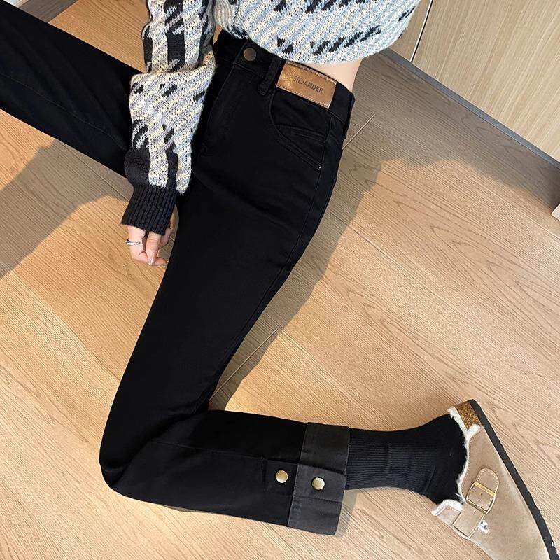 黑色窄版直筒牛仔裤女2025年春秋新款高腰显瘦九分卷边烟管裤八分