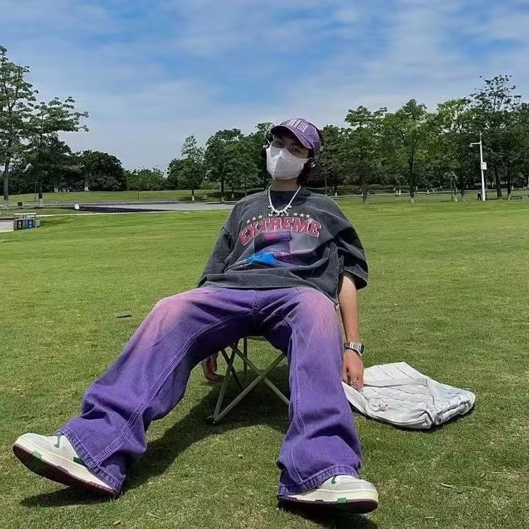 美式高街紫色直筒牛仔裤男女款街头潮牌嘻哈复古宽松阔腿拖地长裤