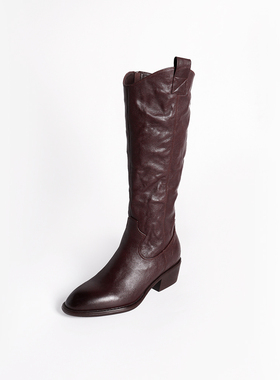 【大愿专享&DU家】手抓牛皮面 复古尖头擦色长筒靴52250