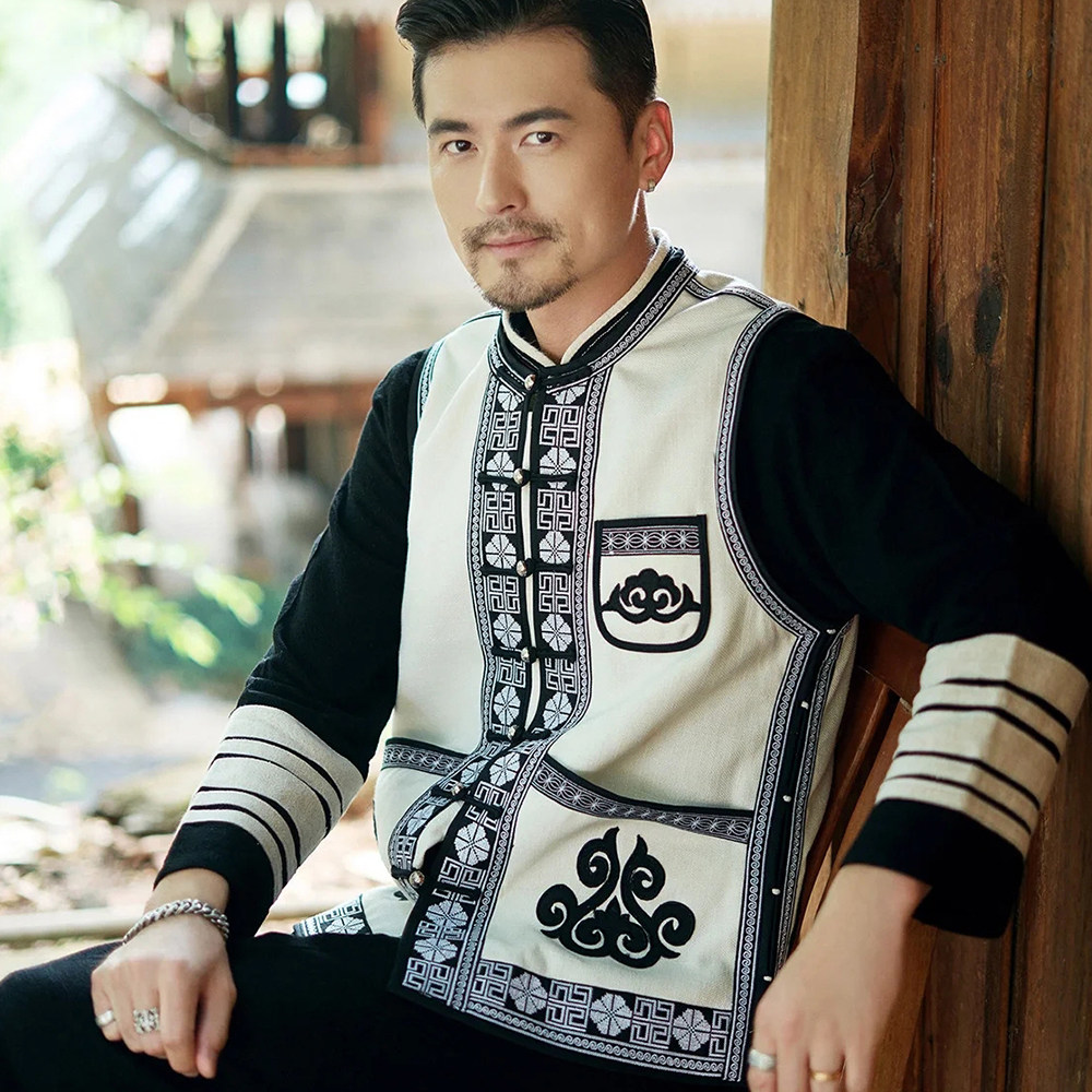 新款棉麻刺绣彝族服装男马甲
