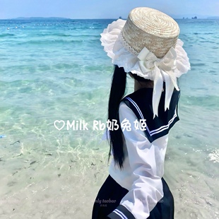 奶兔姬 可爱少女lo娘草帽日系田园手工Lolita蕾丝草编 泡沫之夏