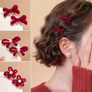 红色蝴蝶结发夹侧耳边夹短发尴尬期发卡订婚新娘发饰新年无痕夹子