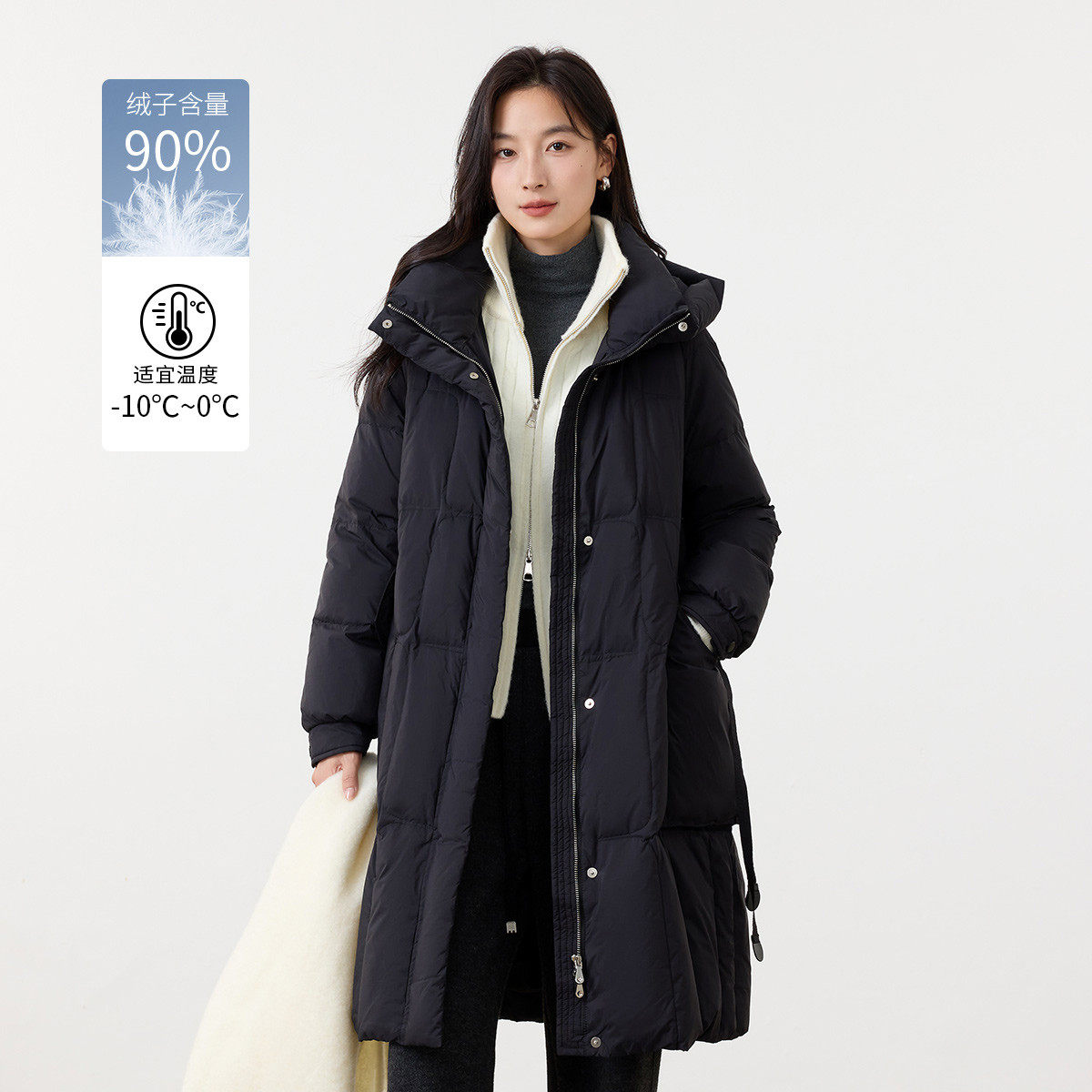 茵曼2025冬季新款加厚中长款鸭鸭羽绒服女上衣宽松连帽外套面包服