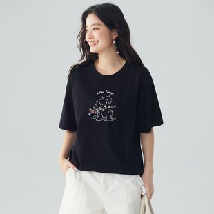 百搭纯棉宽松遮肉显瘦圆领短袖 茵曼印花T恤2024年学生夏季 上衣女