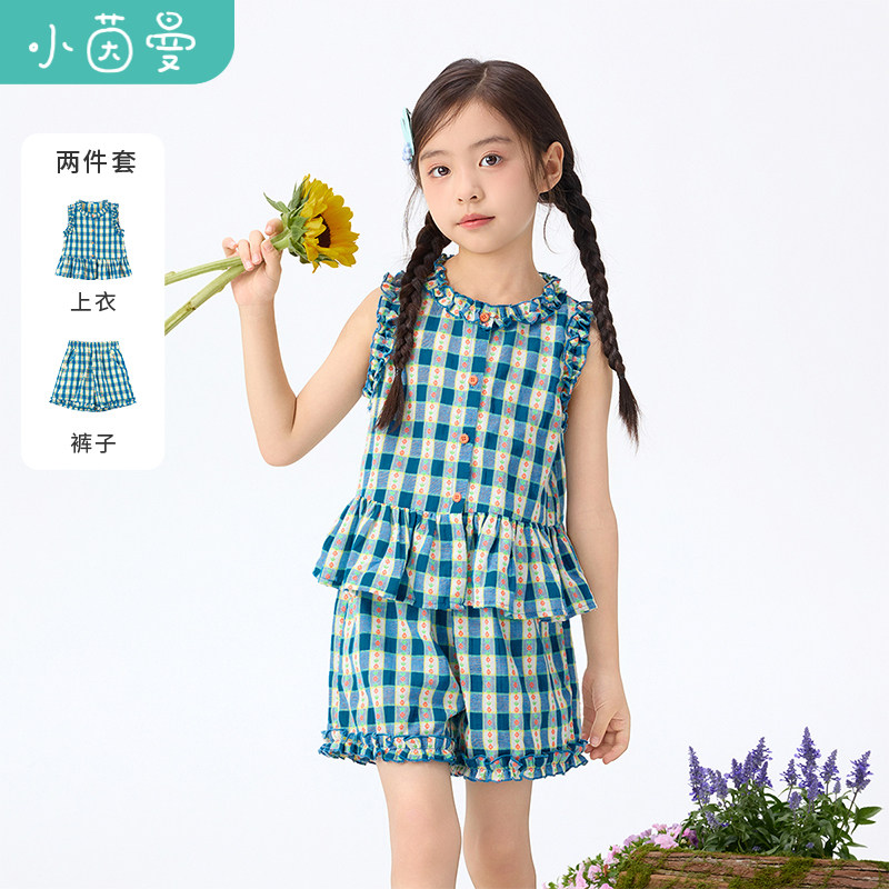 茵曼女童肌理格子套装夏季中大童褶皱下摆衬衣短裤两件套
