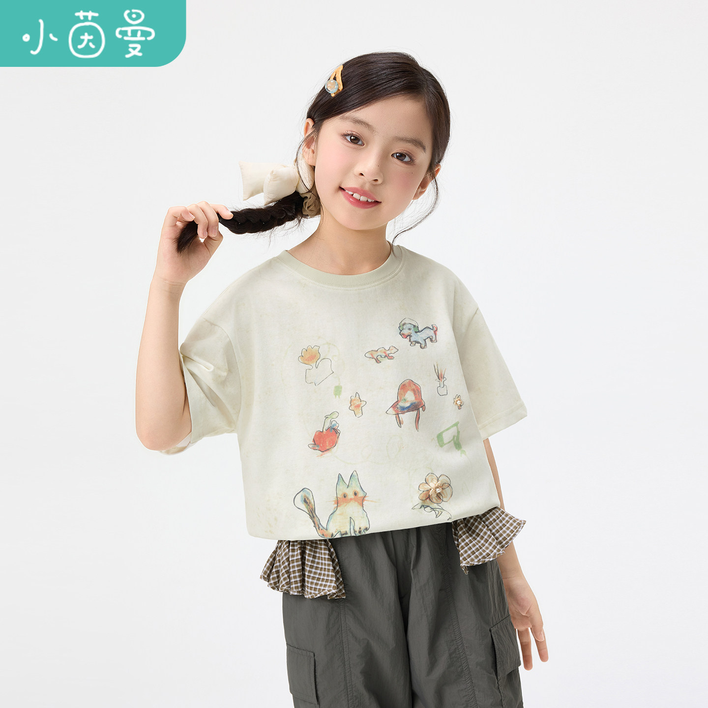 小茵曼童装女童宽松休闲透气T恤26夏中大童手绘风印花短袖上衣