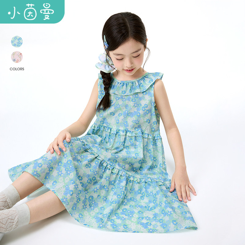茵曼女童无袖凉爽连衣裙26夏季中大童圆领舒适A字中长裙子碎花裙