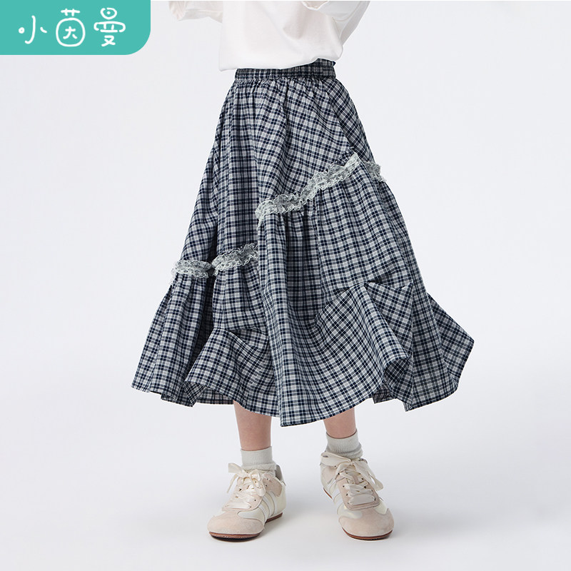 小茵曼童装女童半身裙蕾丝装饰26年夏季中大童女孩时尚格子百褶裙