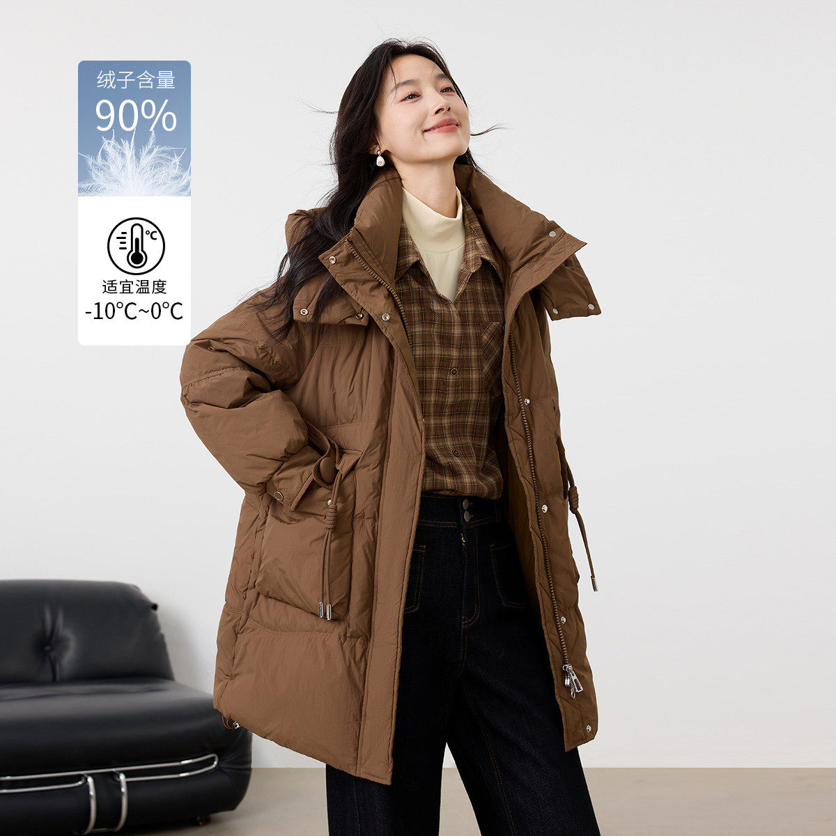 茵曼2025冬季新款加厚中长款鸭鸭羽绒服女上衣宽松连帽外套面包服