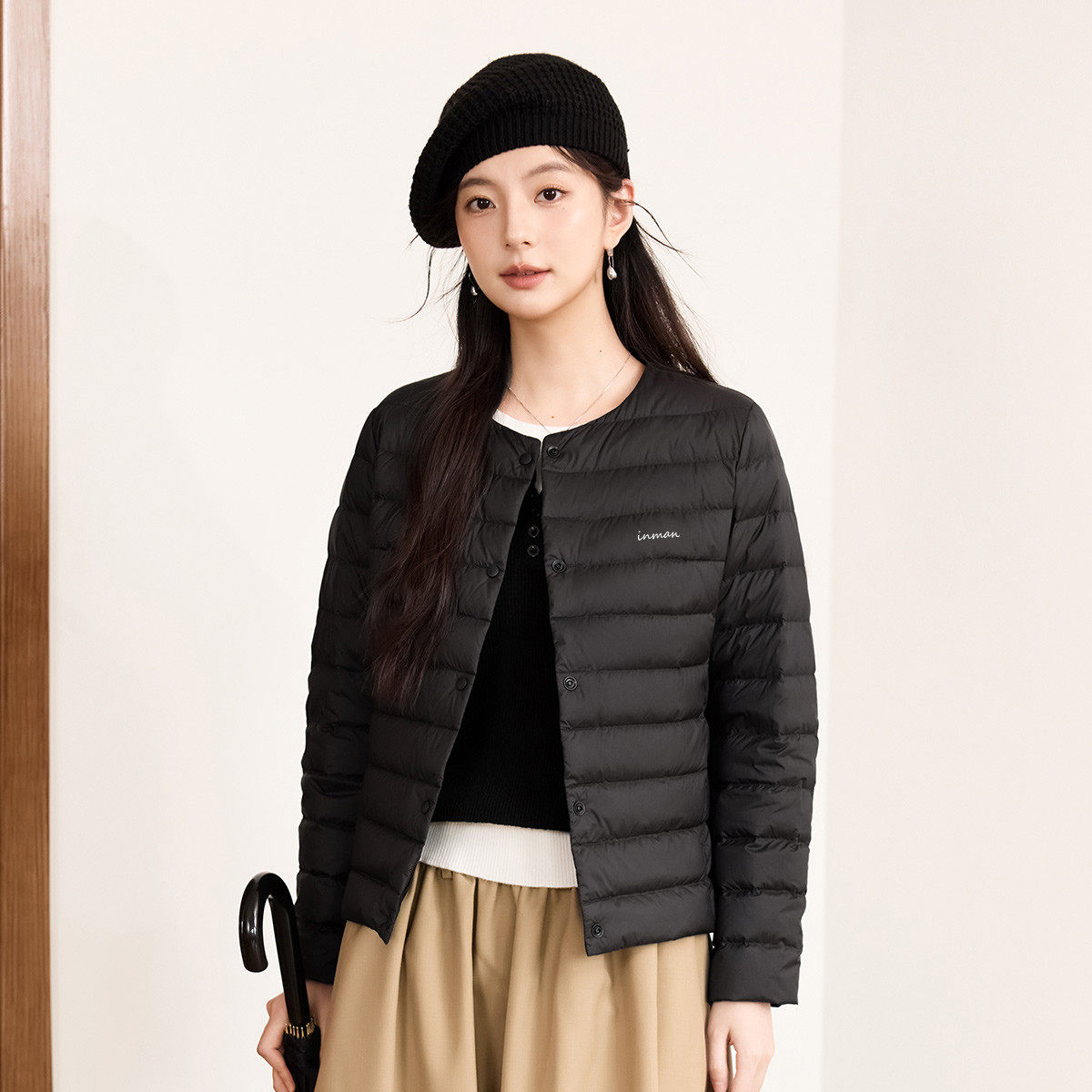 茵曼2025冬季新款长袖轻薄鸭鸭羽绒服女短款内搭上衣保暖马夹外套