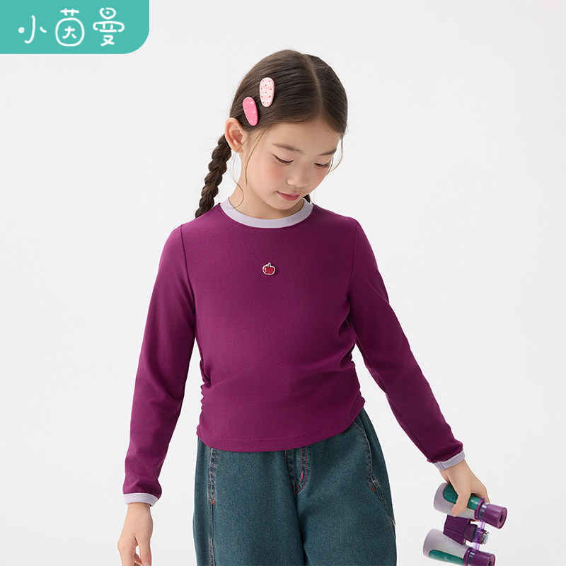 茵曼童装女童长袖t恤胸前苹果章仔25秋季中大童休闲上衣打底衫