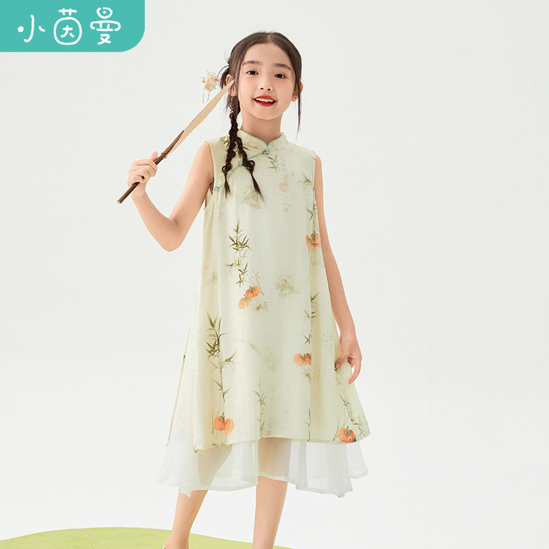 茵曼童装女童中式立领连衣裙夏季儿童中大童无袖薄纱裙中国风