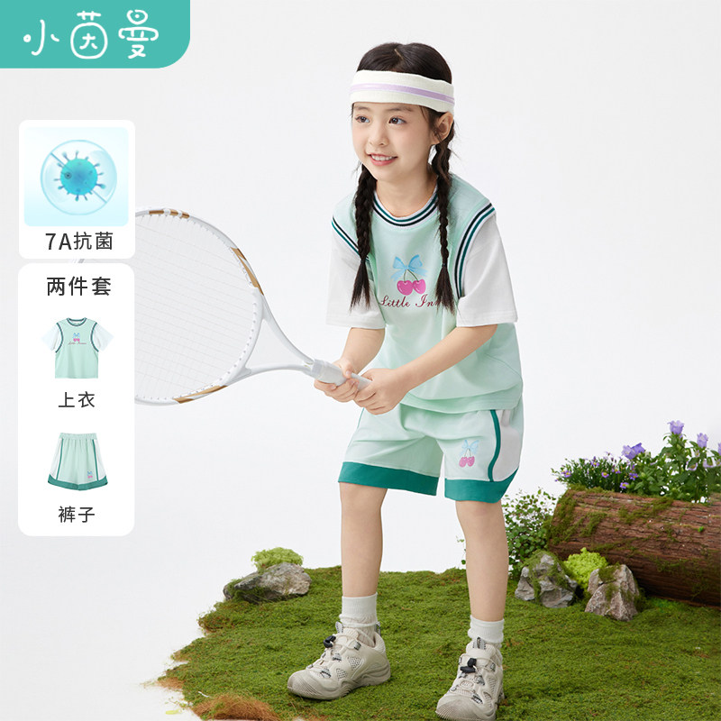 【7A抗菌】小茵曼女童短袖套装字母印花26夏季中大童上衣裤两件套