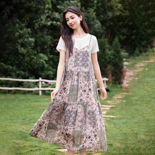 宽松显瘦百搭A字连衣裙女 茵曼海边度假风晕染吊带裙女2025年夏季