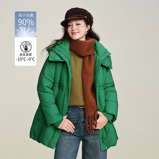茵曼2025冬季新款长袖中长款鸭鸭羽绒服女宽松面包连帽外套小个子