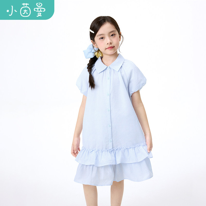 茵曼女童可爱泡泡袖polo领连衣裙26夏儿童衬衫翻领舒适休闲裙子
