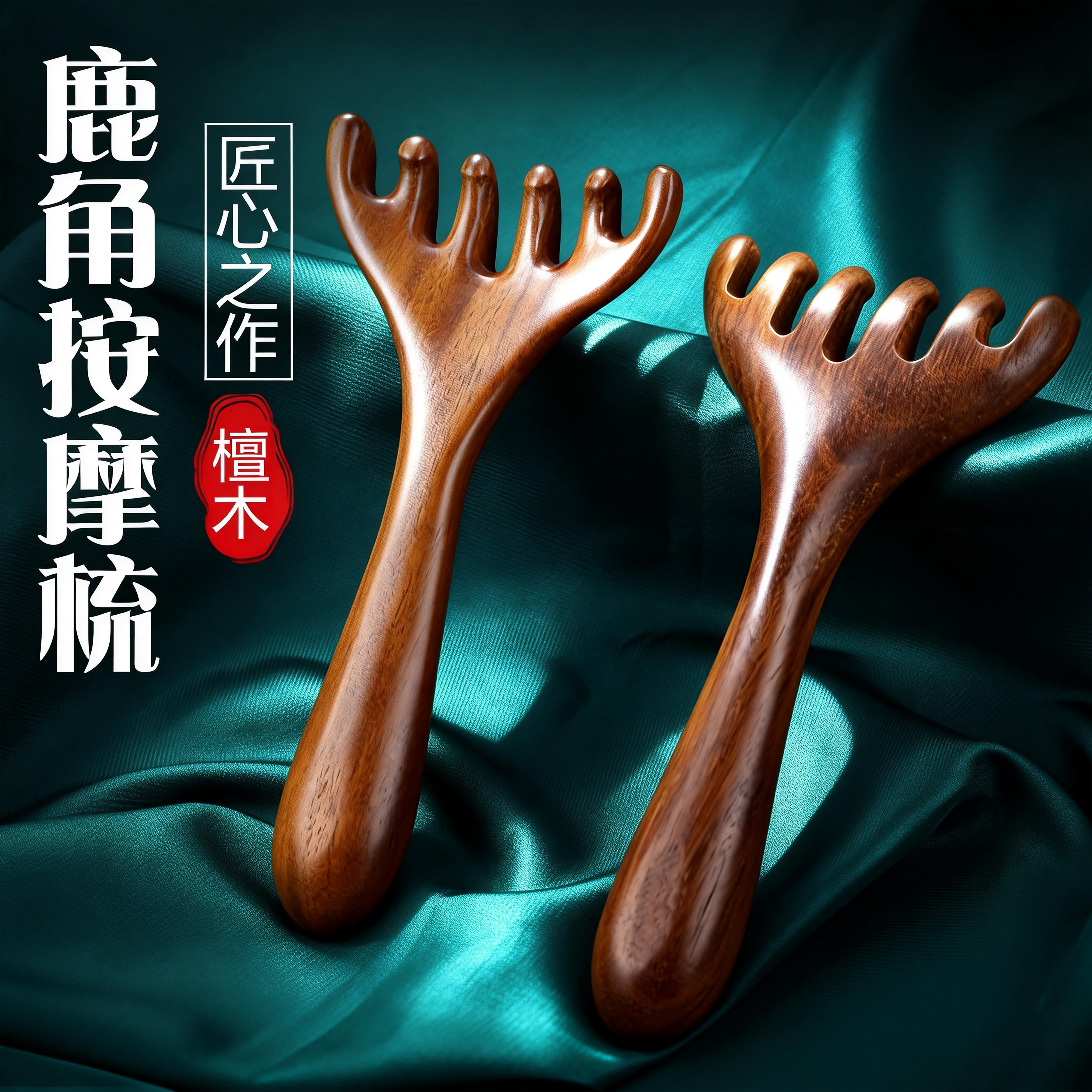 头部按摩爪檀木鹿角梳头皮经络梳抓头挠头刮痧养生拨筋棒头疗木梳