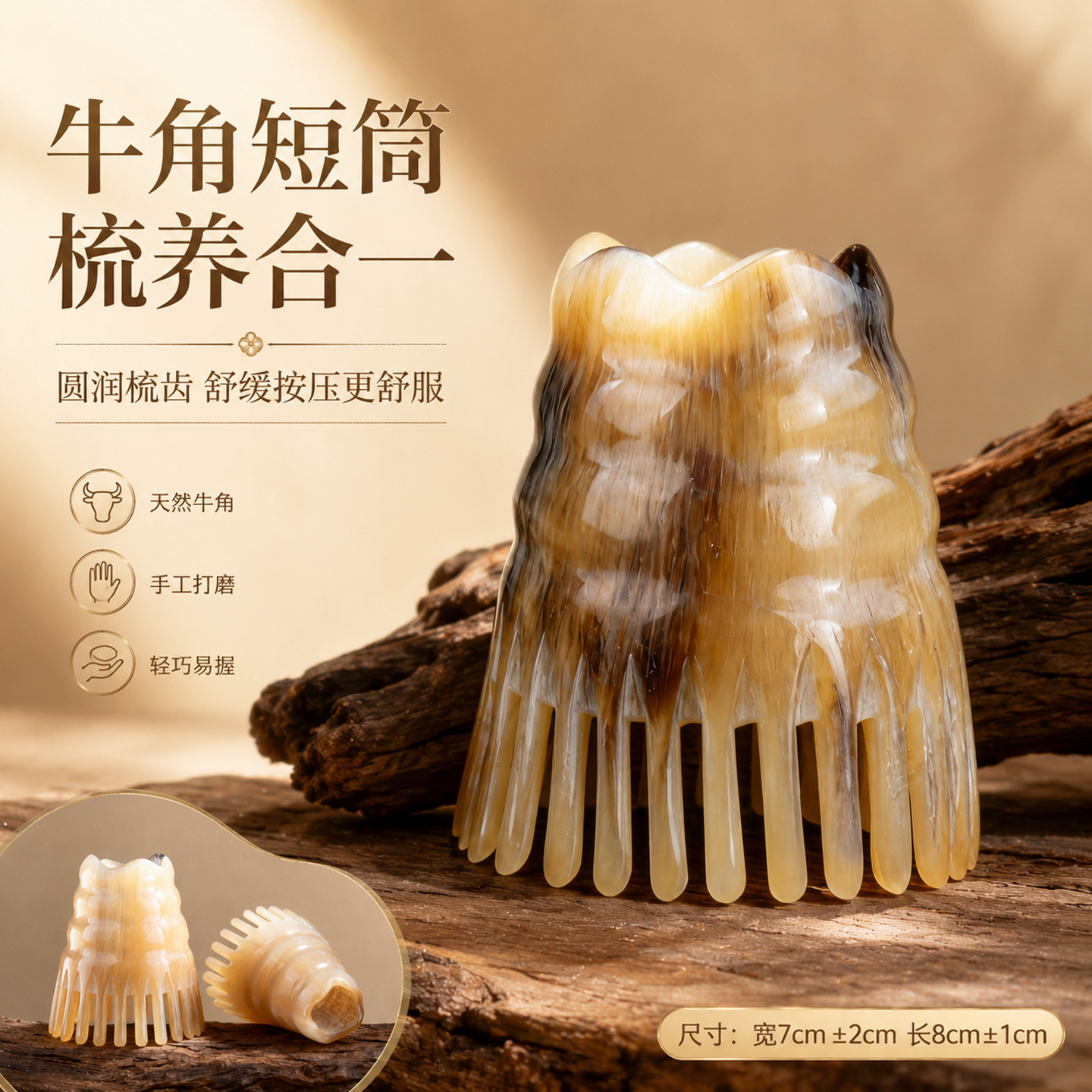 天然牛角梳养合一便携按摩梳圆润梳齿手工打磨舒缓按压头疗梳正品