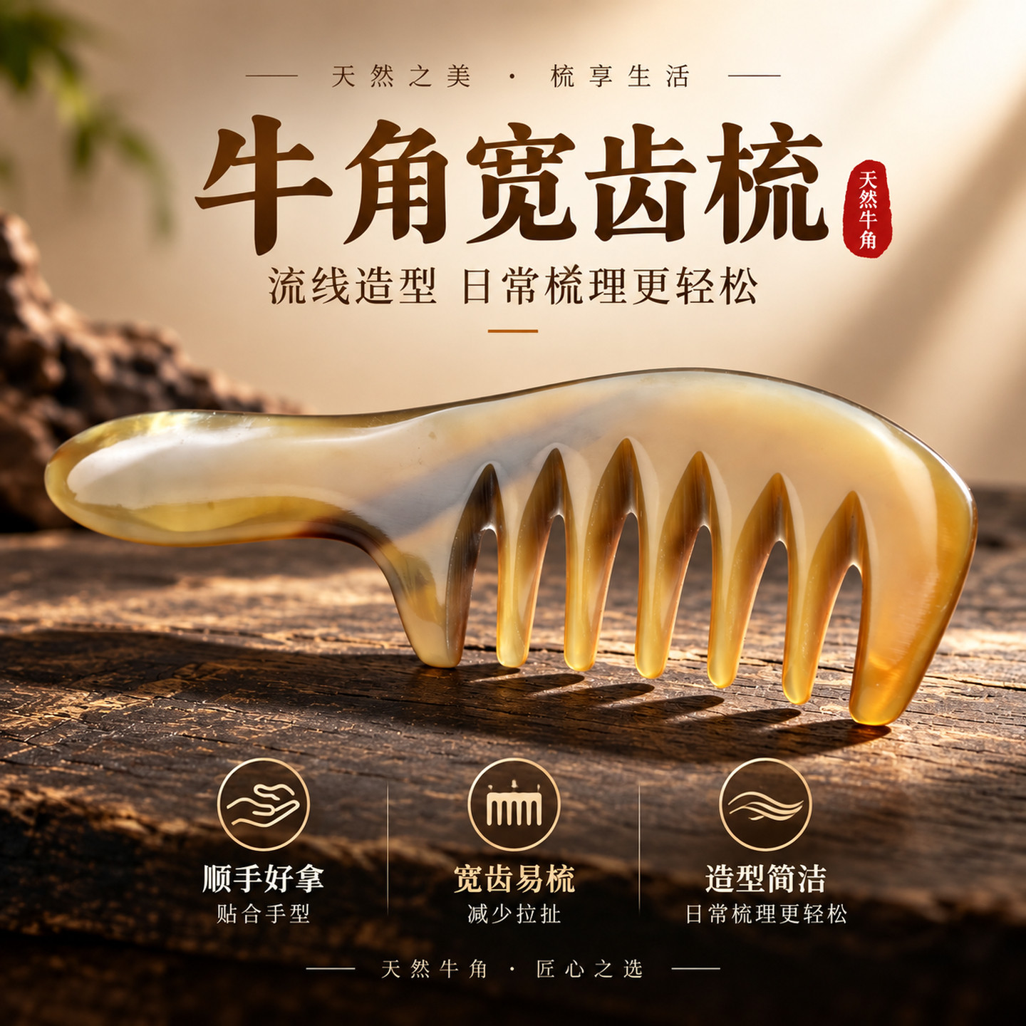 天然牛角宽齿头皮按摩梳