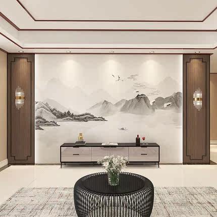 新中式客厅电视背景墙山水水墨画护墙板沙发竹木纤维集成环保墙板