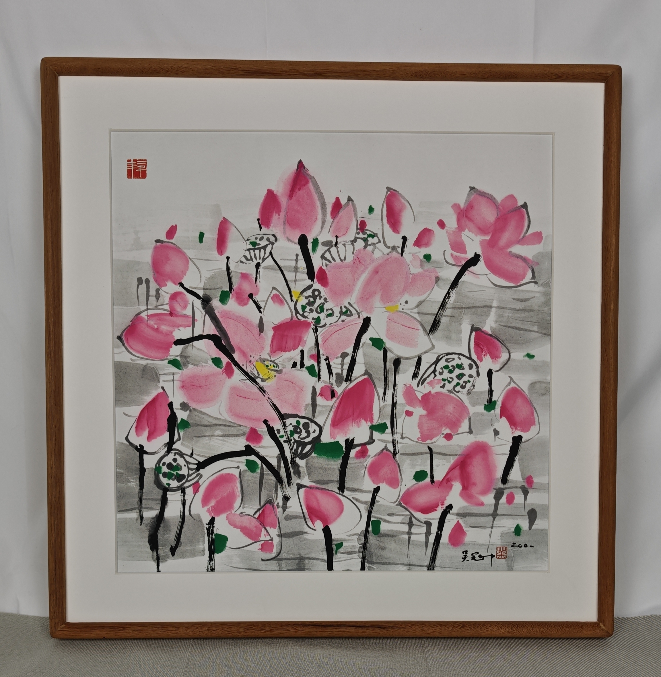 吴冠中国画映日荷花卧室装饰画方形实木框荷花挂画小众精品艺术画图片