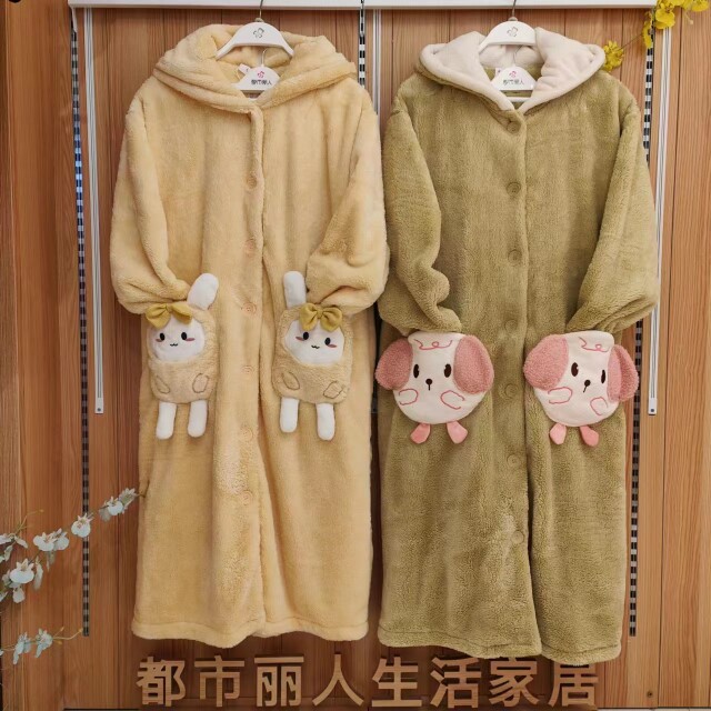都市丽人加厚长毛绒保暖宽松带帽围脖女睡袍睡裤家居服套装LH37A6
