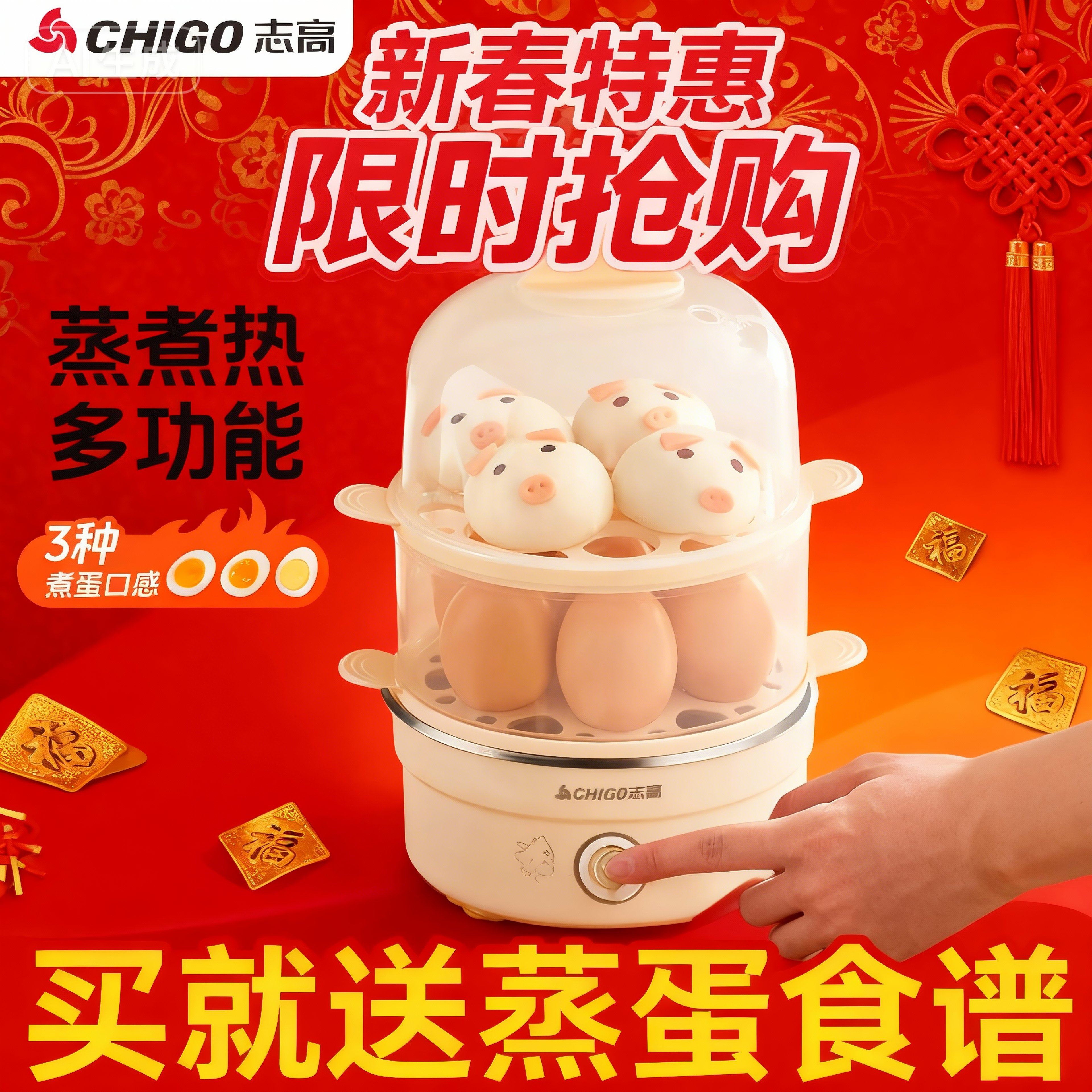 志高小型蒸蛋器家用多功能宝宝辅食蒸煮鸡蛋机1人2早餐机神器