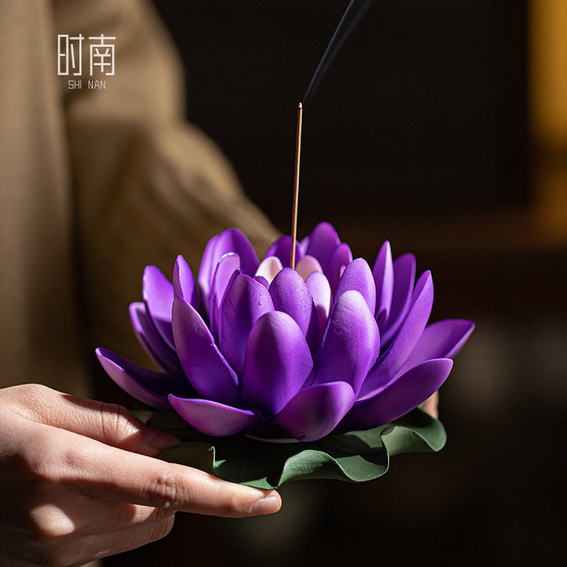 陶瓷紫色莲花摆件佛前供花家居荷花仿真花高级线香香插工艺装饰品