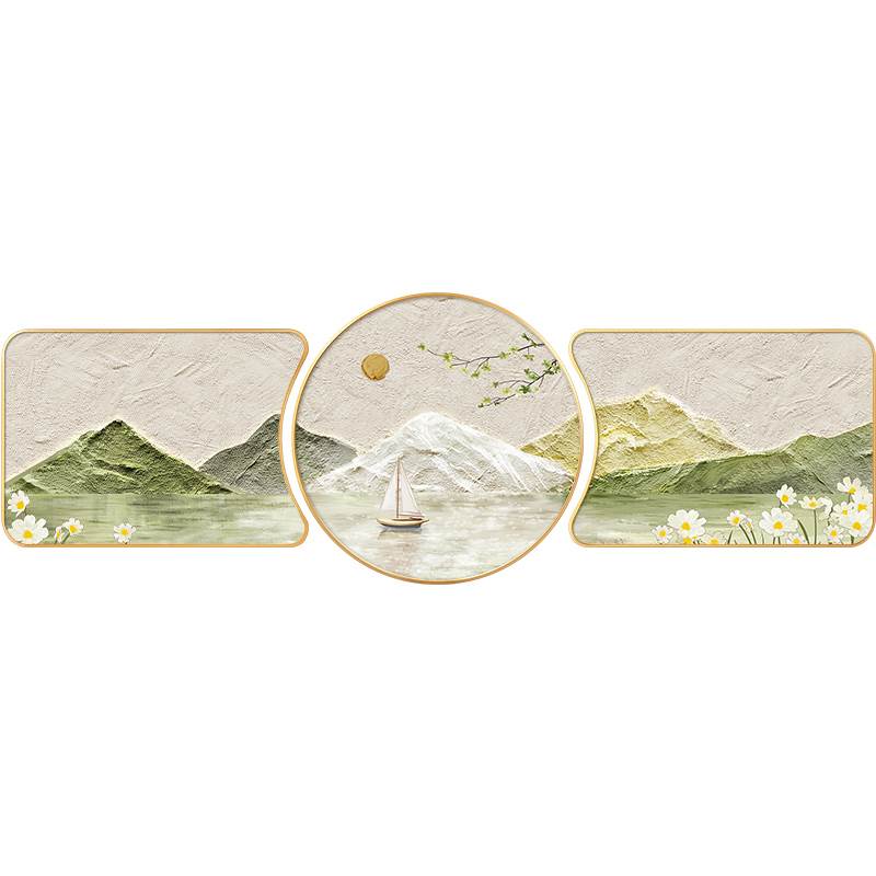 背有靠山客厅装饰画沙发背景墙奶油风圆形原木山水画挂画2023新款图片