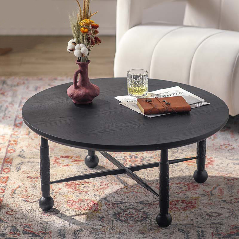 意式极简小户型实木茶几客厅家用轻奢黑色小圆桌民宿沙发边桌