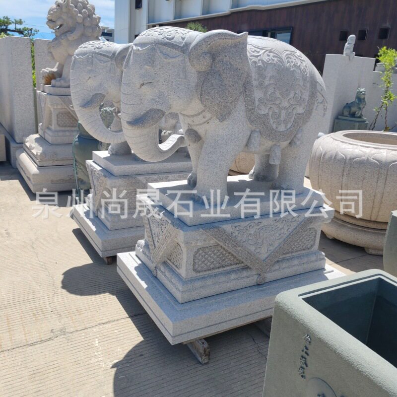 天然大理石花岗岩大象石雕白麻石大理石大象白色石头大象动物雕塑