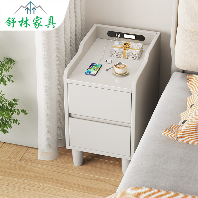 北欧实木智能床头柜无线充电带灯现代简约多功能床边柜家用小柜子