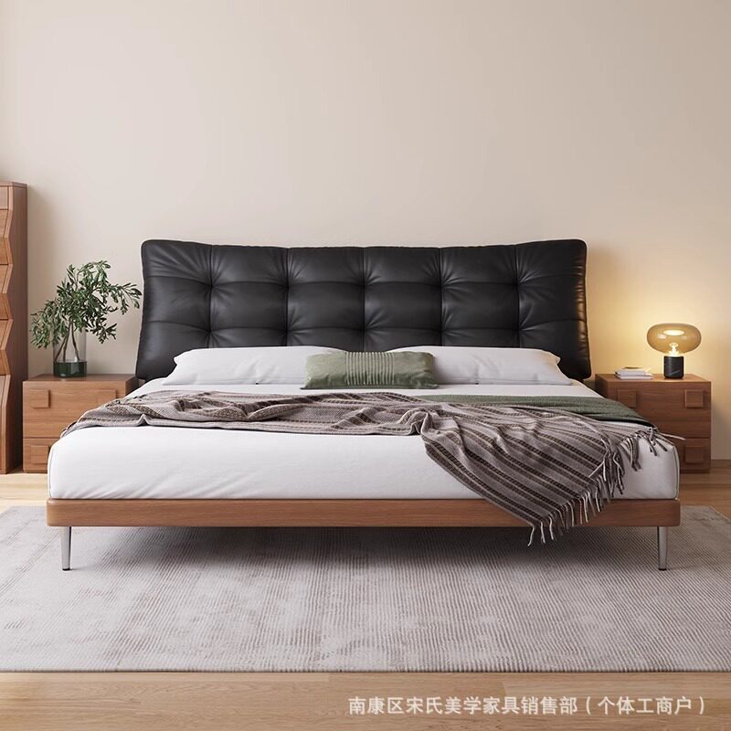 意式极简真皮实木床头层牛皮1.8M复古大黑熊网红床主卧室双人床2M