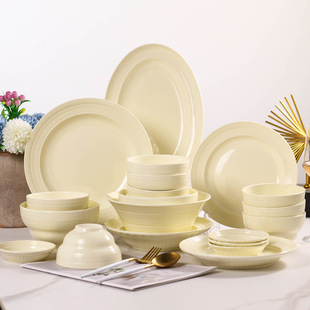 6人奶油风新款好看的家用碗盘筷餐具套装草帽盘轻奢陶瓷盘子乔迁