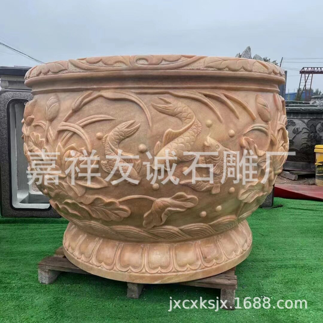 厂家晚霞红石缸荷花鱼缸庭院雕花养鱼石槽园林景观石雕现货批发