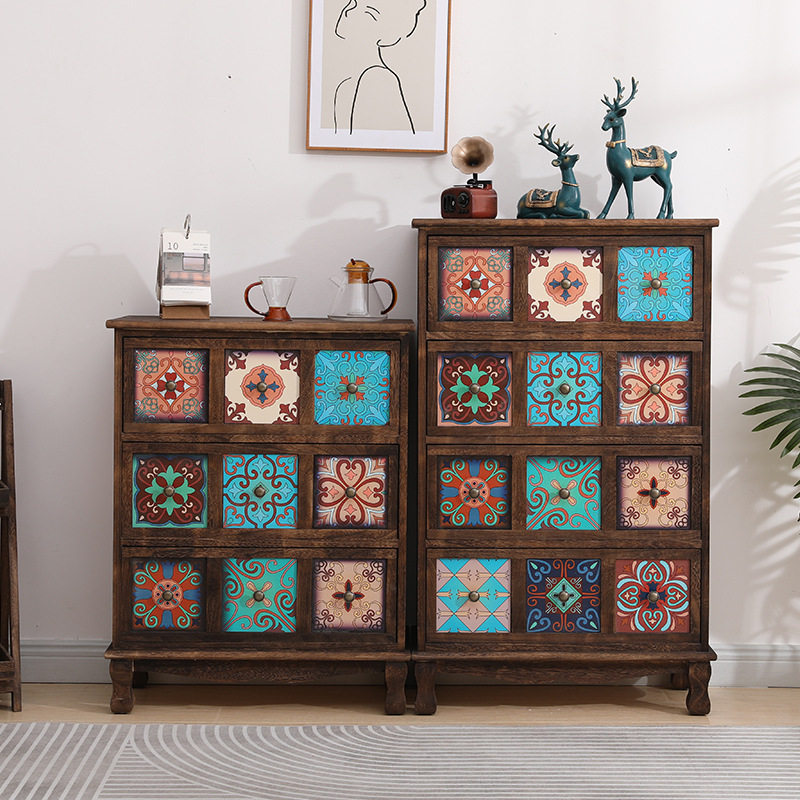 批发美式复古实木储物柜客厅抽屉式收纳柜彩绘斗柜卧室木质置物