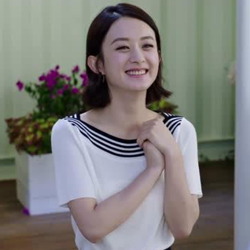 赵丽颖同款衣服短袖一字领黑白色针织衫T恤露肩条纹上衣春夏2026