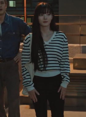 亲爱的X同款白雅珍金裕贞V领黑白色条纹毛衣针织上衣宽松春秋2026