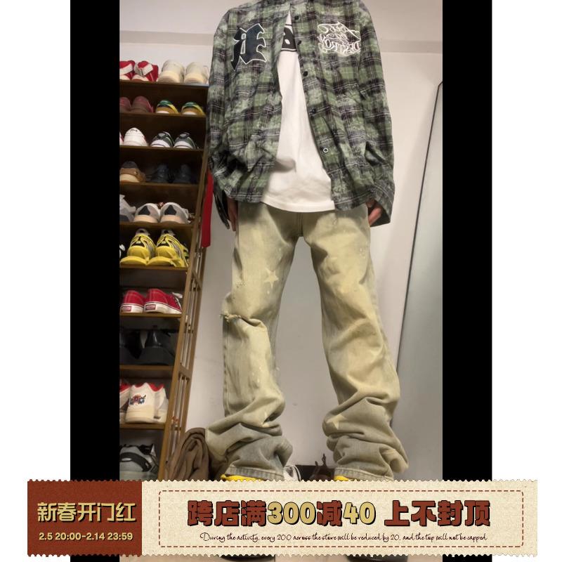 F383 2023AW国潮原创星星印花黄泥水洗做旧牛仔裤男女显瘦百搭ins