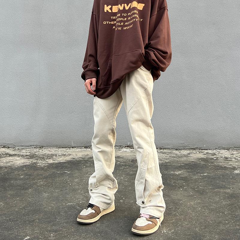 vibe国潮高街裤子纽扣设计感长裤工装裤男潮美式显瘦休闲微喇叭裤